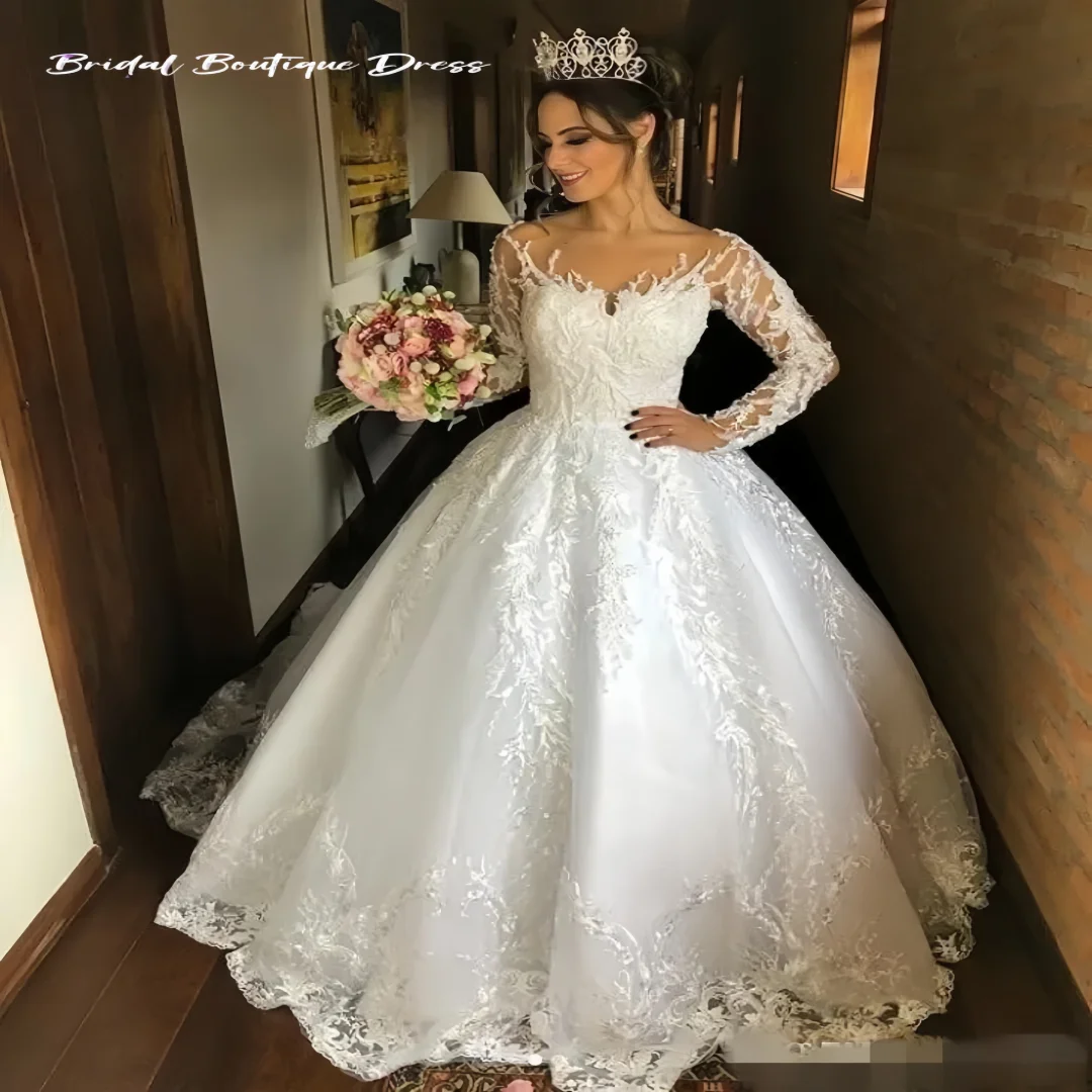 Customized Exquisite Long Wedding dress Transparent neck pearl lace long sleeve sweep train bridal dress  Vestido De Noiva