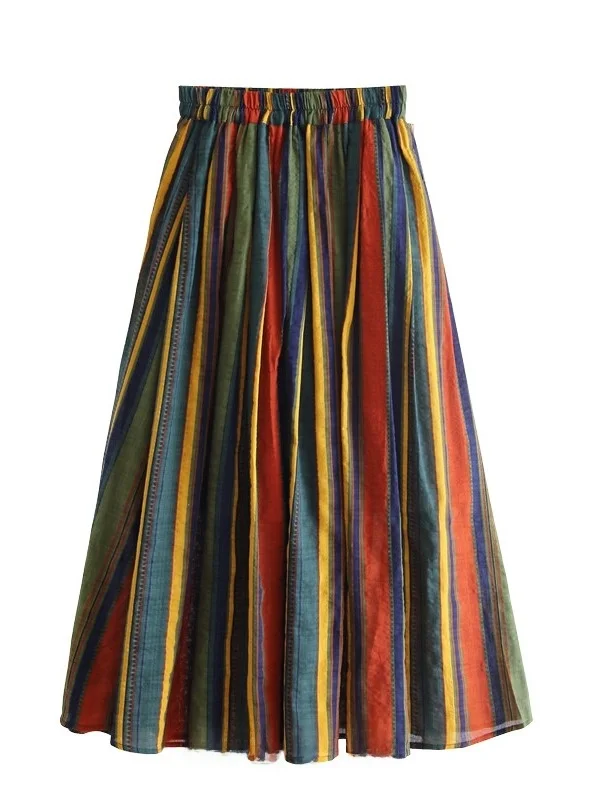 

Retro Cotton Linen A-Line Skirt Women's Summer Vaion Sle Thin Long f Skirt Elastic Waist Midi Skirt Floral Print