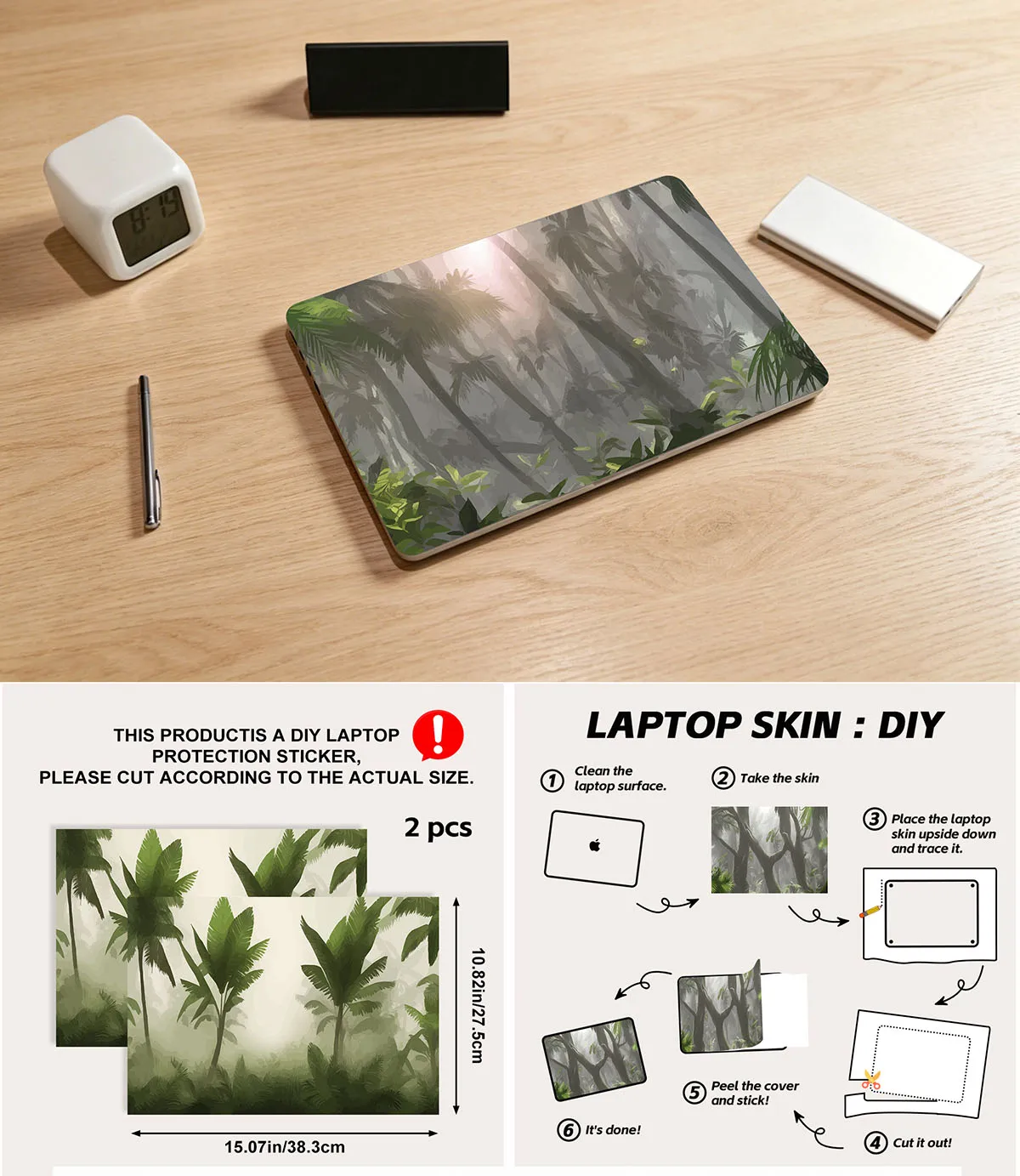 Misty Tropical Palm Jungle Laptop Skin Stickers Anti Scratch Waterproof Resizable 15.07*10.82 Inch All Notebook Universal Fit
