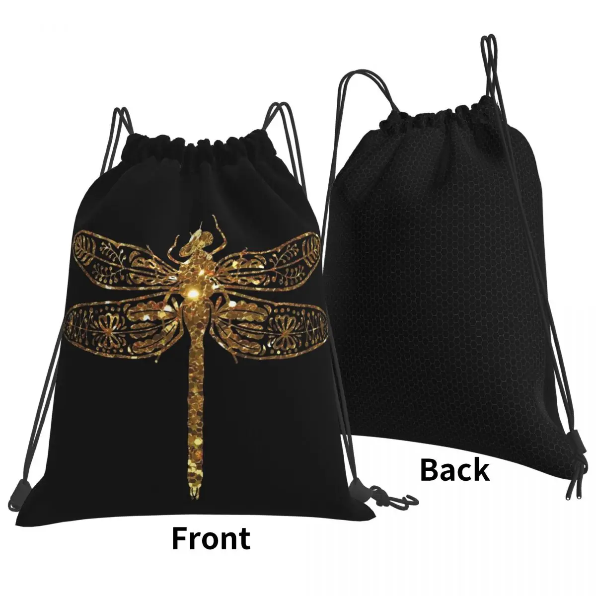 Fancy Gold Glitter Dragonfly Backpacks Casual Drawstring Bundle Pocket Storage Bag Book Bags for Man Woman School