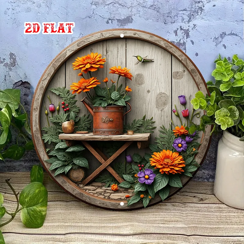 Round Signboard with a Two-Dimensional Flat Design Featuring Orange Flowers, Perfect for Decorating Flower Pots or as a Rustic Garden Mural_1005012654146832_Images