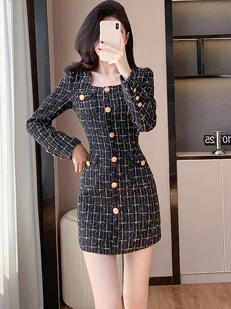 

Autumn Winter Black Plaid Tweed Square Collar Short Dress Women Thick Warm Casual Dress 2025 Korean Elegant Bodycon Party Dress