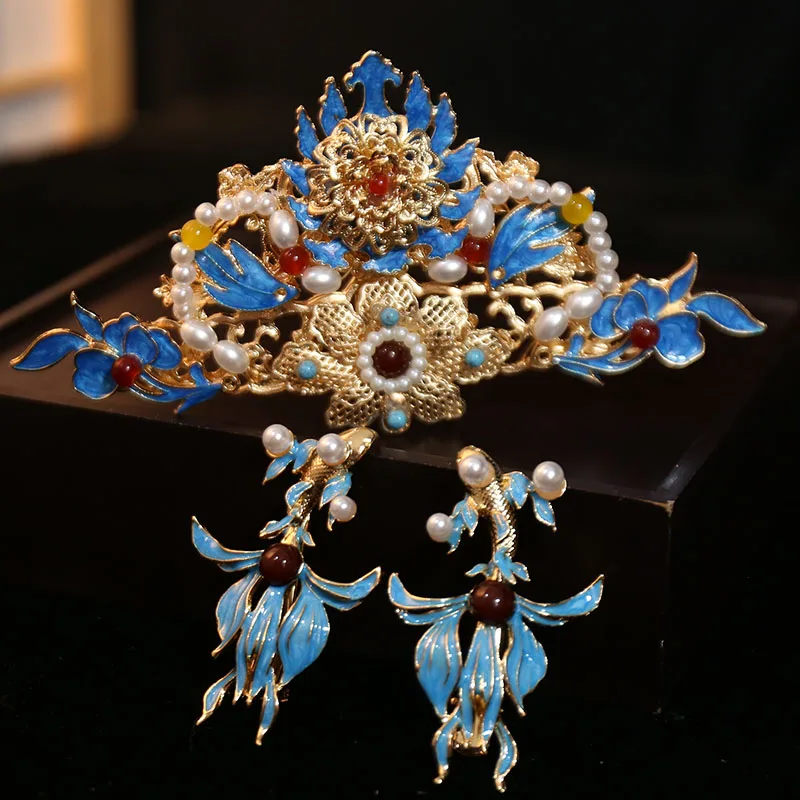conjunto-de-acessorios-de-cabelo-para-noivas-estilo-chines-coroa-fenix-azul-e-dourada-tiaras-e-brincos-com-perolas-e-jade-vermelho-penteado-antigo-chines