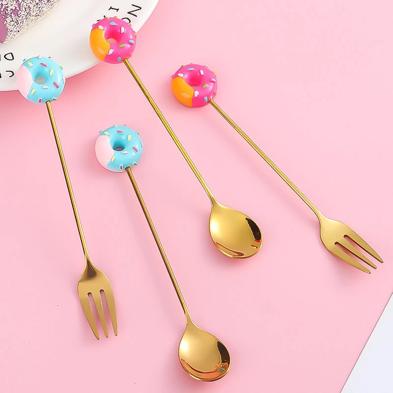 Stainless Steel Spoon Fork Cute Rainbow Lollipop Donut Macaron Dessert Spoons Fruit Forks Kids Cutlery Tableware Dinnerware Sets