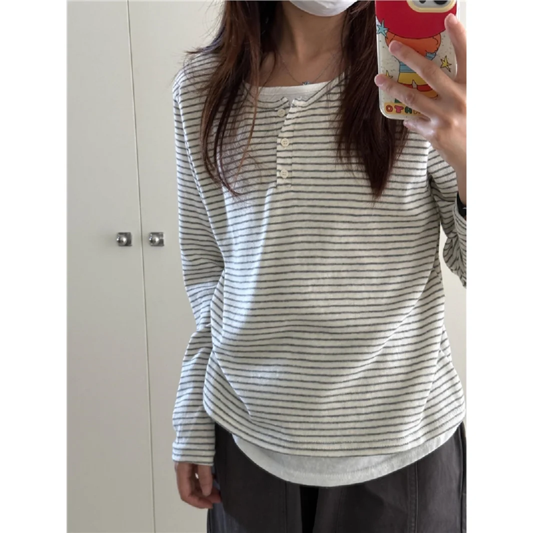 Retro Korean Style Long Sleeve Striped T-Shirt Women's Loose Fit Henry Collar Top Early Autumn Casual Lazy Fashion Trend