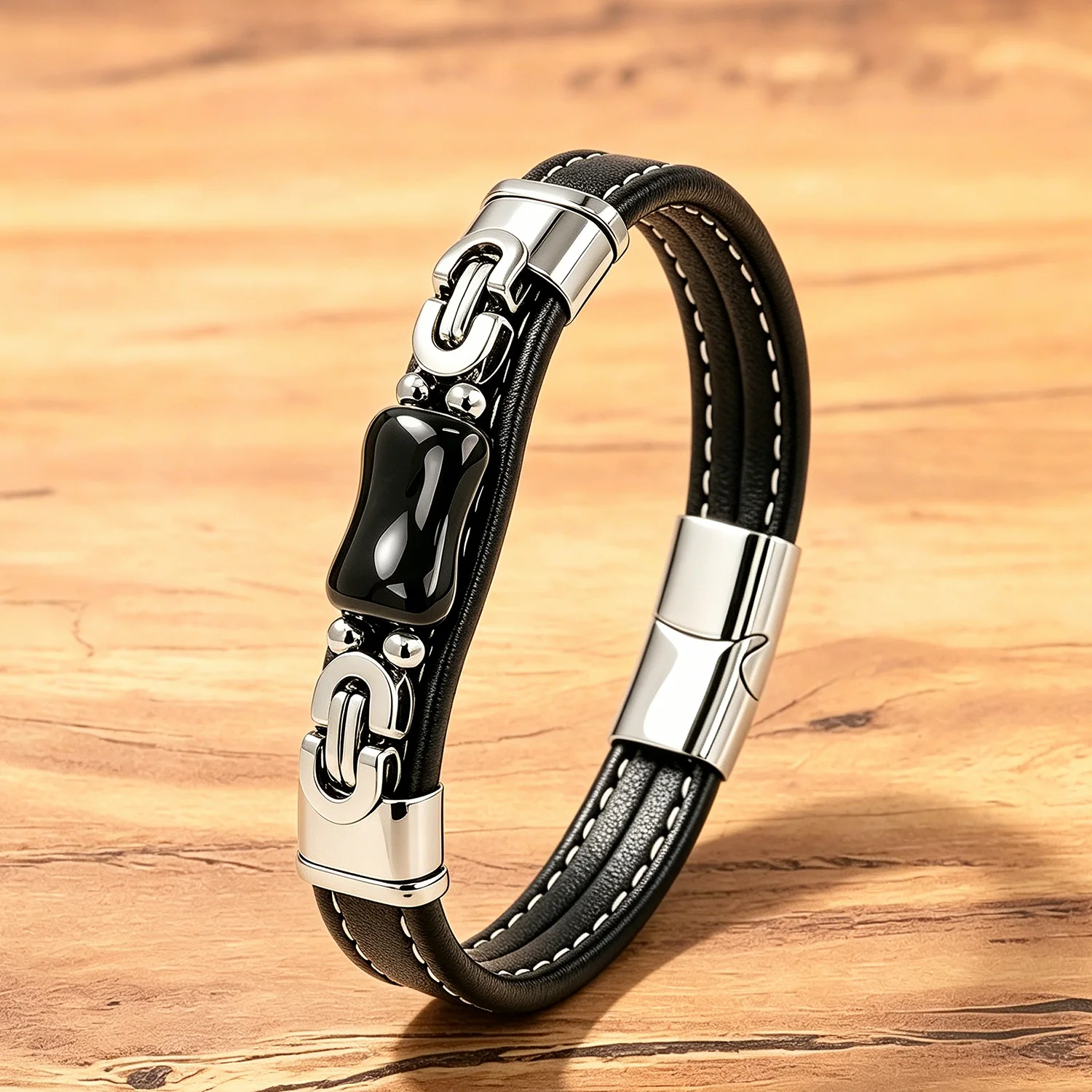 Vintage Punk-Rock Lederarmband für Männer, 8 Stile mit Natursteinperlen, Biker Casual Alltagsschmuck für Männer – Detail 5