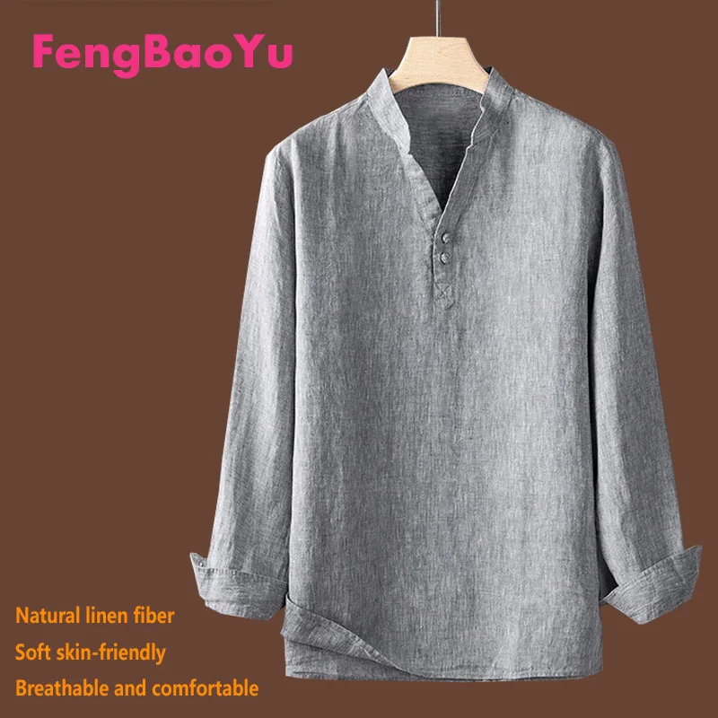 

Fengbaoyu Высококачественная льняная мужская футболка с длинными рукавами, рубашка в стиле ретро, свободная мужская одежда большого размера, крутая и удобная