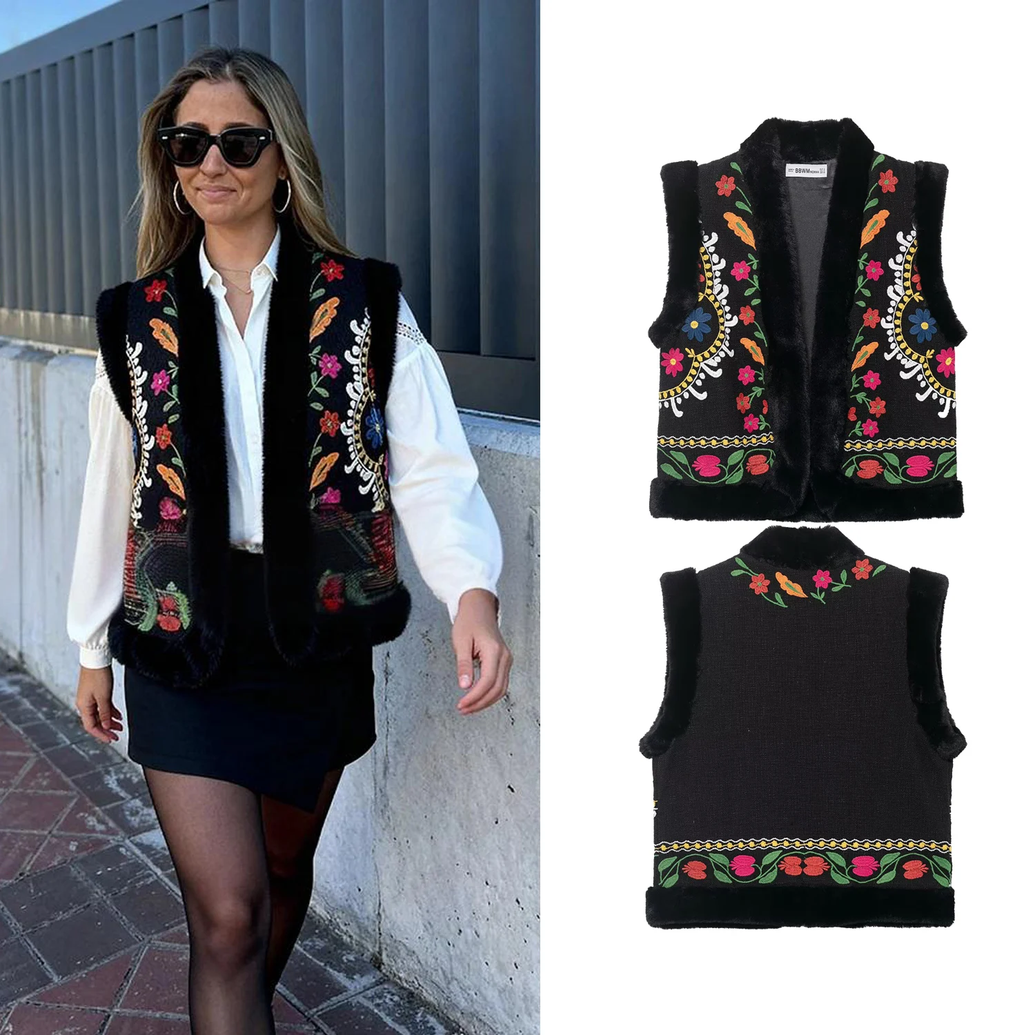 

Women Chic Faux Fur Vests Coat Female Elegant Floral Embroidery Vest Sleeveless Jackets Autumn Winter Fashion Waistcoats Top
