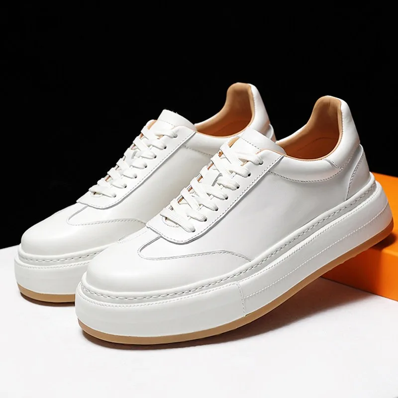 Men White Casual Shoes Genuine Leather Thick-Sole Height Increasing Sneakers Youth Skateboarding Shoes Outdoor Hiking Sports