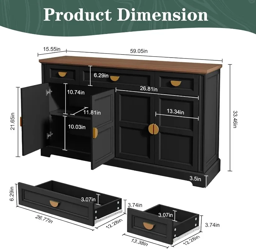 HLR 60” Large Buffet Sideboard Cabinet with 4 Doors and 3 Drawers Shaker Style, Coffee Bar Storage Cabinet for Dinning Room