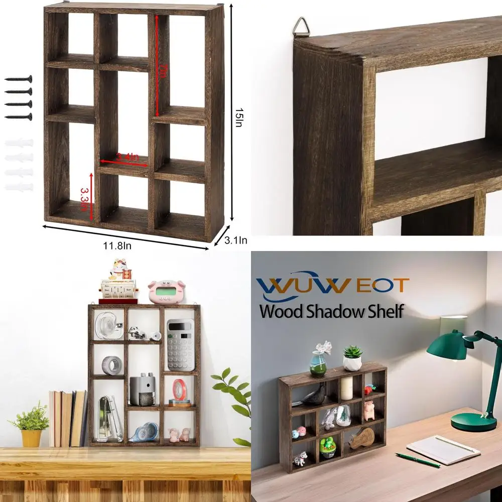 

9-уровневая деревянная плавающая полка в деревенском стиле, 15 x 11,8, монтируемая на стену или стол с винтами