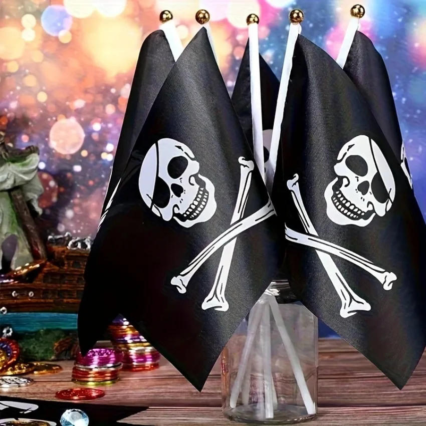 Pirate Handheld Flags 5PCS Small Skull Banners for Halloween Birthday Pirate Party Table Outdoor Decoration