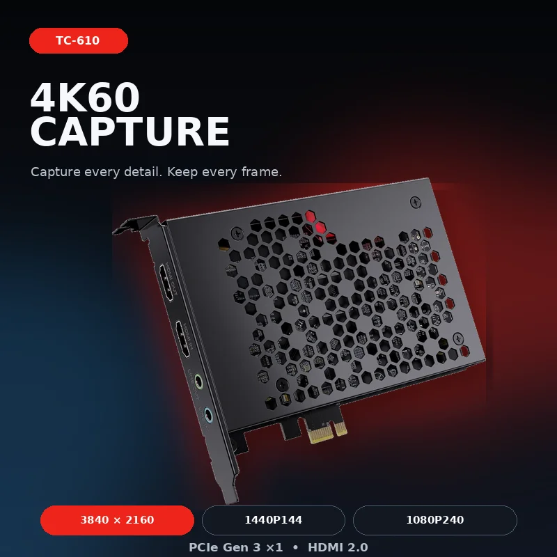 TCHD TC-610 4K 60FPS PCIe HDMI 2.0 Video Capture Card HDR VRR Passthrough 1440P144 1080P240 Gaming Live Streaming OBS