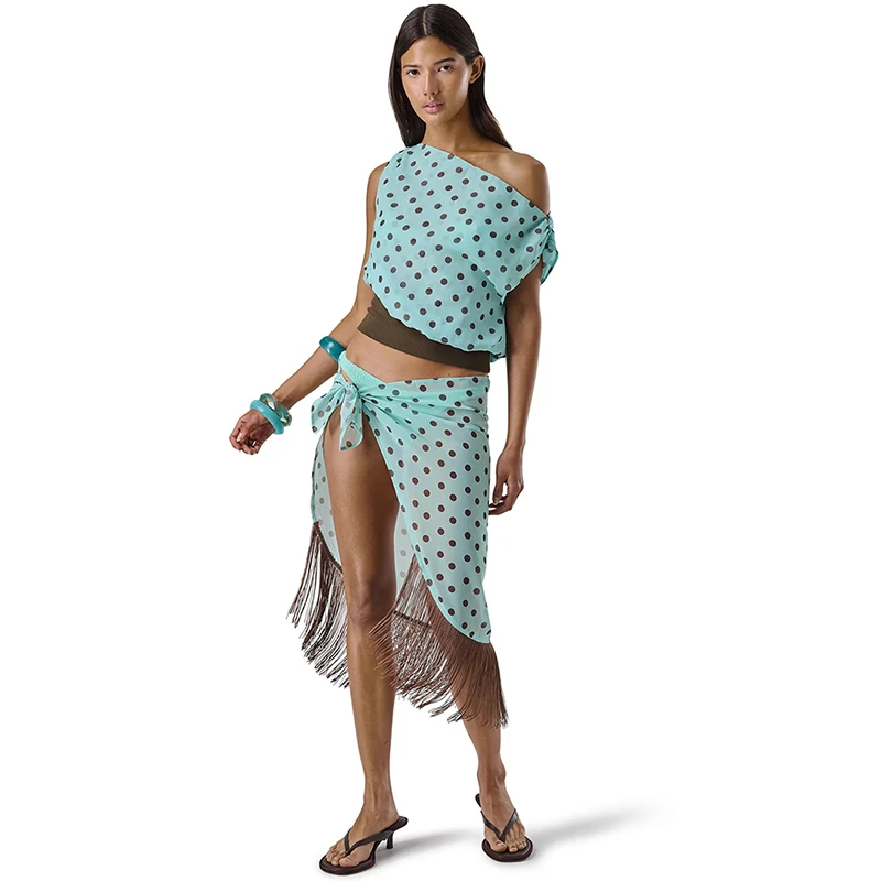 Blifanbo Polka Dot Oblique Shoulder Tops And Skirt 2 Pieces Sets Women Elegant Sexy Dress Sets Female Tassel Split Skirt Set