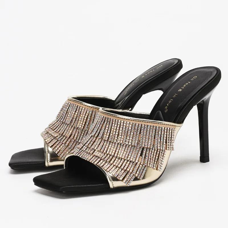 

Luxury Rhinestone Tassel High Heels Sandals Women Open Toe 2026 New Sexy Thin Heeled Slippers Elegant Designer Party Dress Shoes