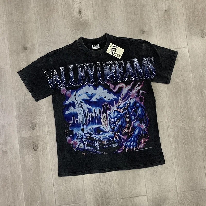 

Direct Spray White Vale Forever Street Fashion Brand Tee Valley Diamond Washing Water Cotton Men T Shirt