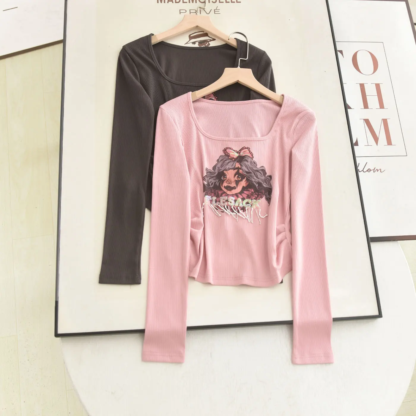French Style Long Sleeve T-Shirt Women's Short Length Printed Design Bow Detail Collar Fashionable Casual Summer 2026