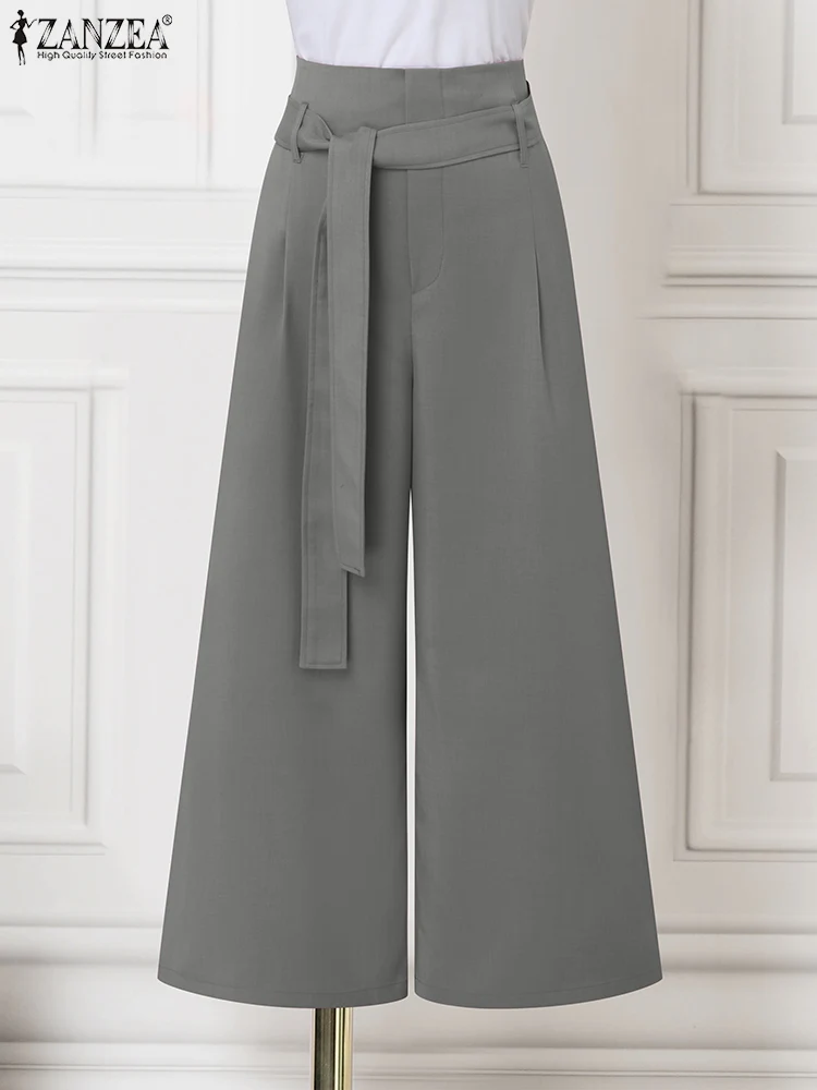 

ZANZEA 2025 Office Work Wide Leg Trouser Women Elegant Pants Fashion Casual Loose Long Bottoms Fashion Pockets Lace-Up Bottoms