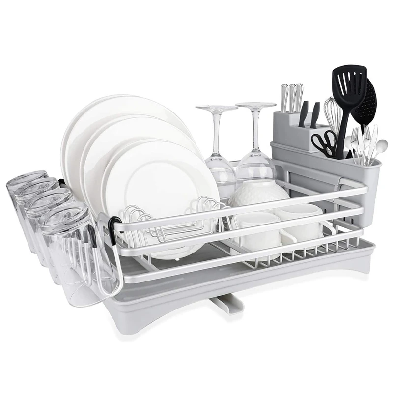 Dish Drying Rack Compact Rustproof Dish Rack and Drainboard Set Dish Drainer with Adjustable Swivel Spout Gray