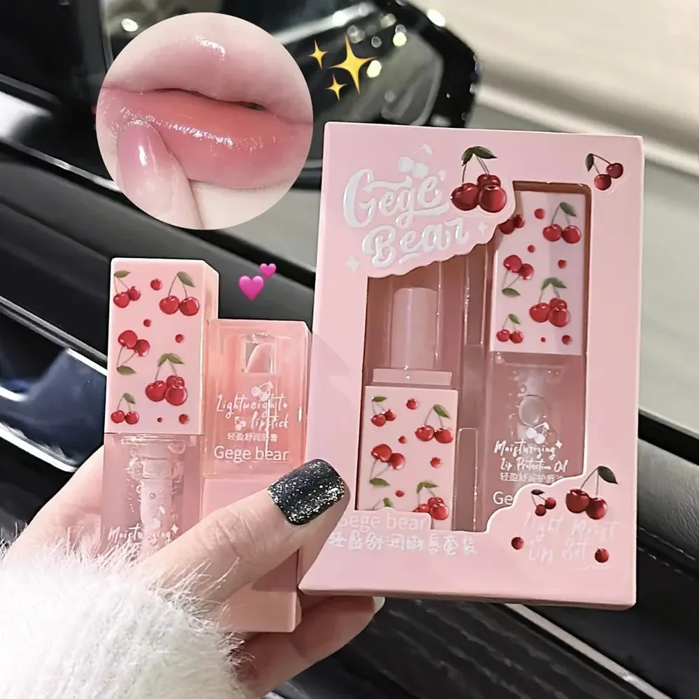 Cherry Hydrating Lip Balm and Lip Oil Set Gege Bear Light Moisturizing Soothing and Tender Lips for Winter Use