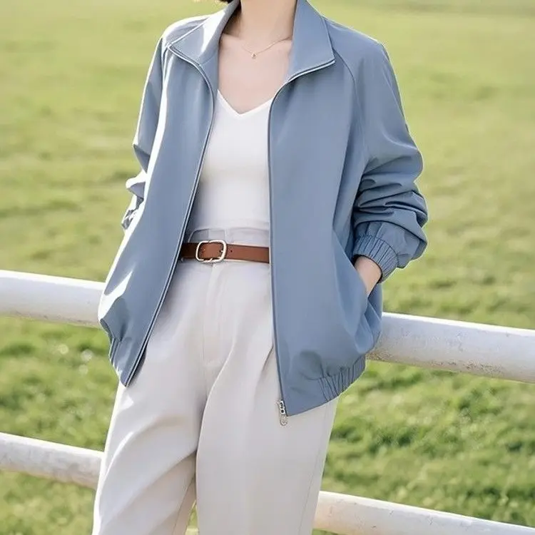 

Весна 2024, новое синее короткое универсальное повседневное пальто, женская бейсбольная куртка со свободным воротником и молнией