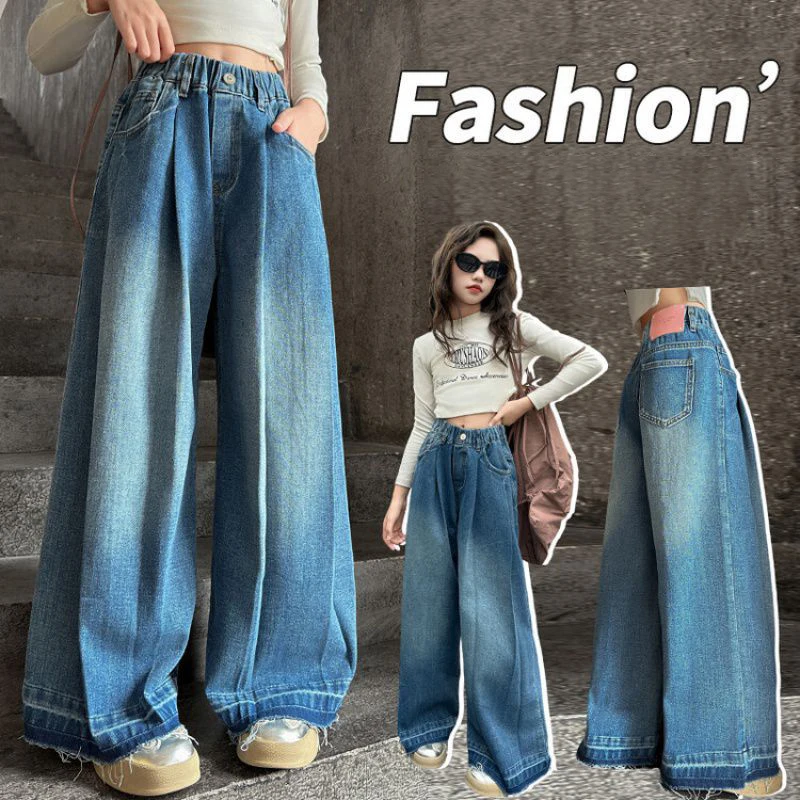 

Girls Wide Leg Jeans Children's Clothing Spring Autumn Teenager Kids Pocket Butterfly Embroidered Design Denim Pants Trousers