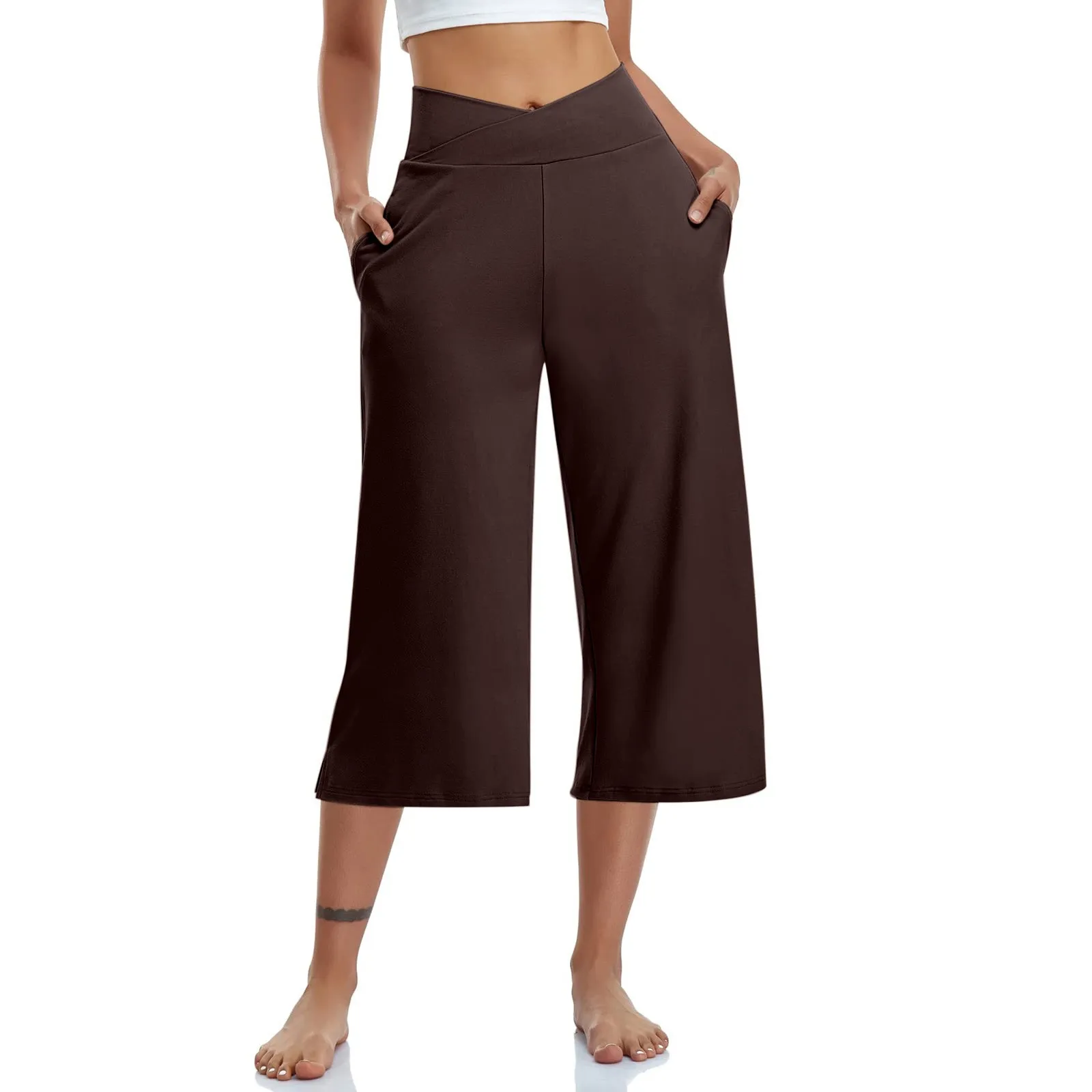 Women  Elastic High Waist 3/4 Pant Casual Active  Fit Wide Capris Leg Pants Trousers With Pockets Roupas Femininas Ropa Mujer