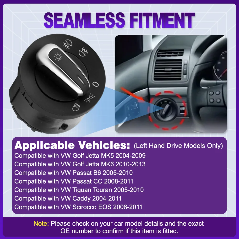 

Headlight Control Switch Fog Light Knob for VW Golf Jetta MK5 MK6 Passat B6 CC Tiguan Touran Caddy Scirocco EOS 5ND941431A