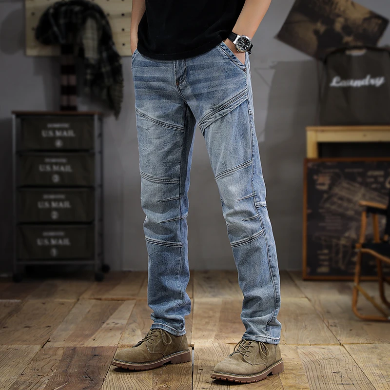 Street Washed White Men's Jeans Summer 2024 New Men's Stitching Design Cat Beard Slim Straight Long Pants