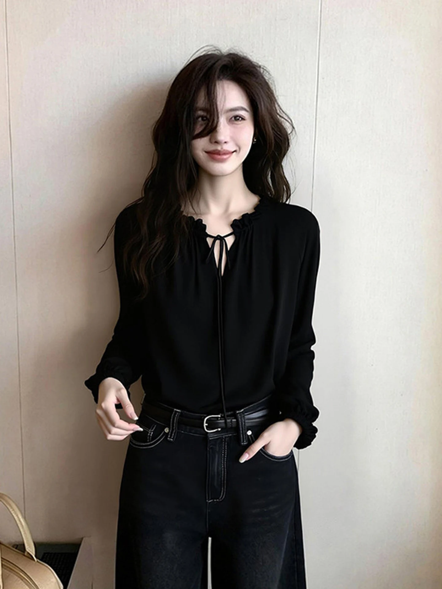 

Comfortable Black Belted Long Sleeve Shirt Women's Fashionable Versatile Spring Casual Style Loose Fit Premium Feel Office Wear