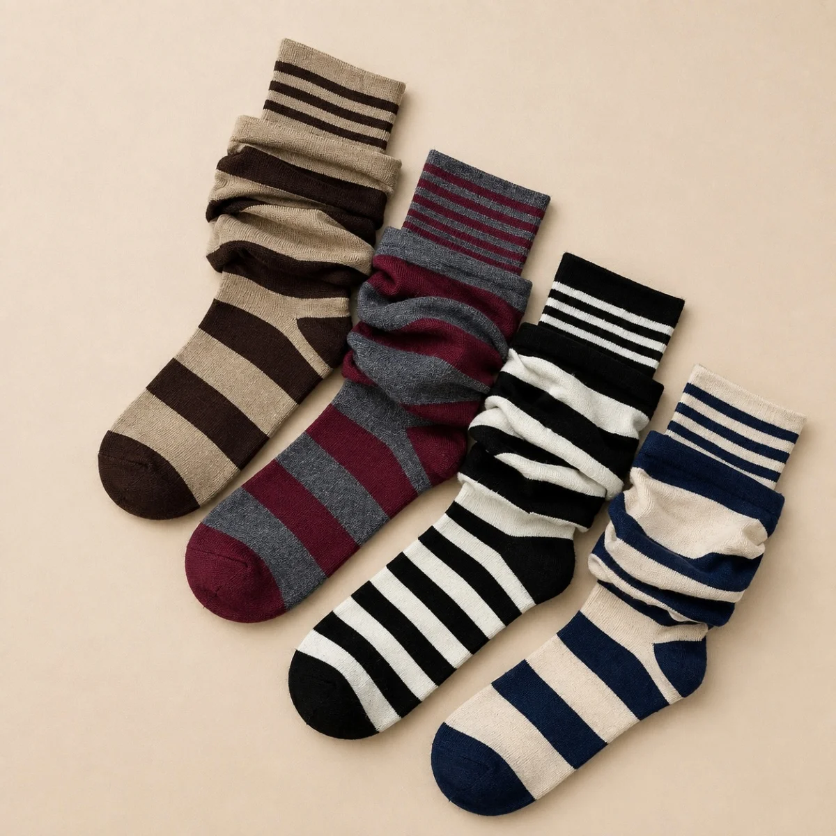 1 Pair of Black/Navy Blue/Khaki/Burgundy Women's Mid-Calf Socks, Striped, Breathable, Moisture-Wicking, Soft, Comfortable, Gentle, Elegant, Interesting, Versatile for Spring, Summer, Autumn, and Winter