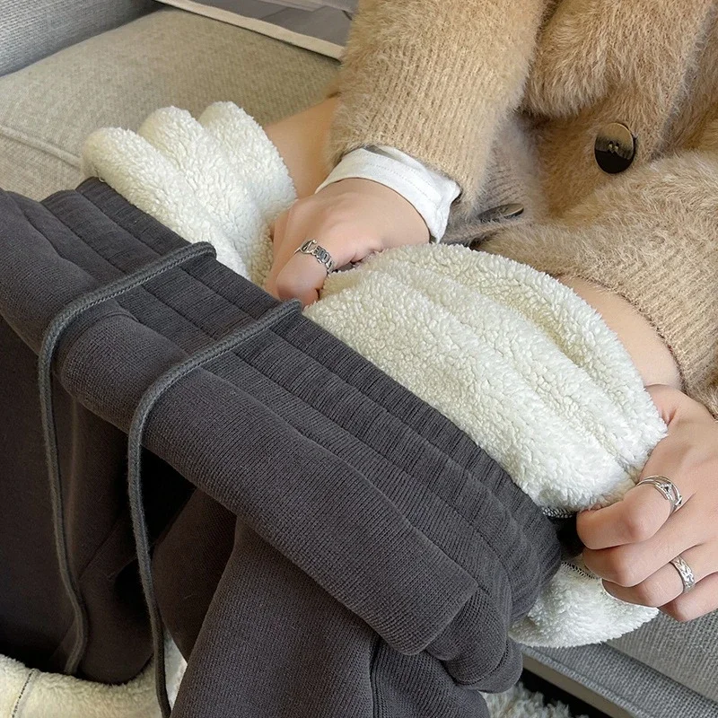 Autumn Winter Thicken Sweatpants Warm Lambswool Fleece Lined High Waist Wide-leg Drawstring Sports Pants Comfy Lounger Trousers