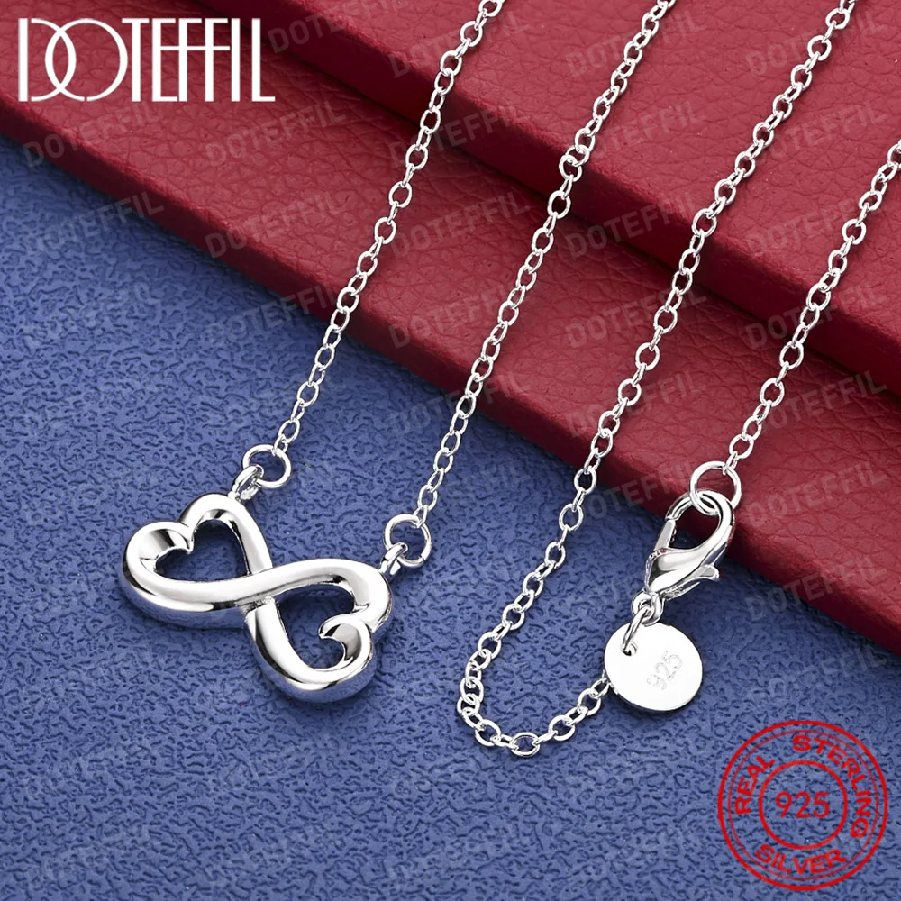 

DOTEFFIL 925 Sterling Silver Double Heart Pendant Necklace 18 inch Chain For Woman Engagement Wedding Fashion Charm Jewelry