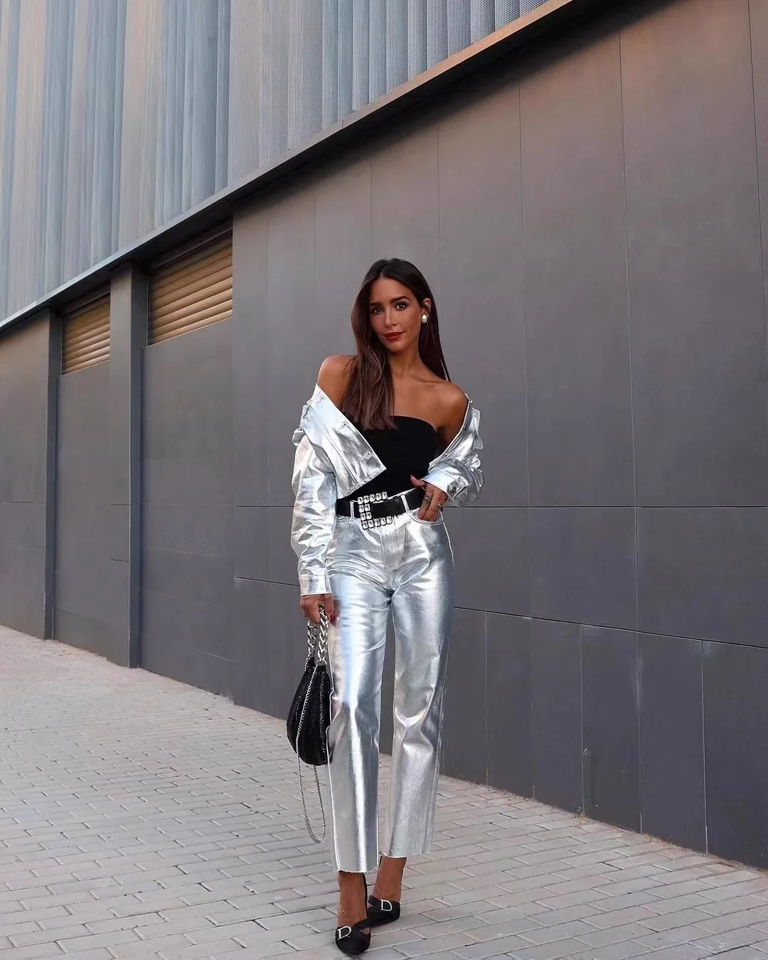 Chic Silvery Women's Pants Set Fashion Lapel Single Breasted Crop Jacket Straight Trousers Suit 2024 Spring Lady Elegant Outfit