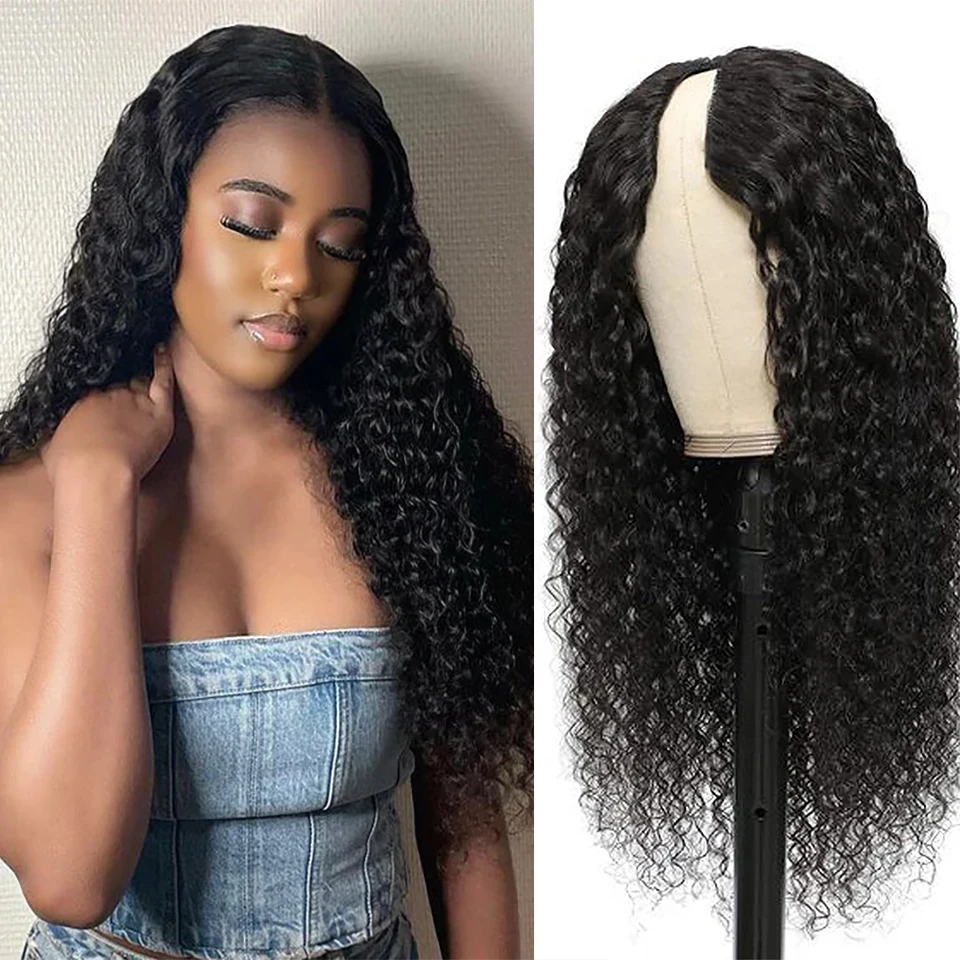 Deep Curly V Part Wig Human Hair Full Machine Made Human Hair Wig 180D Natural Black Water Wave U Part Wig Human Hair For Women