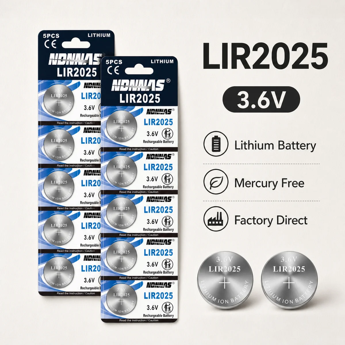 Rechargeable Button Cell Battery LIR2025 3.6V Lithium Coin Cell Replacement for CR2025 2-50PCS for Watch Calculator