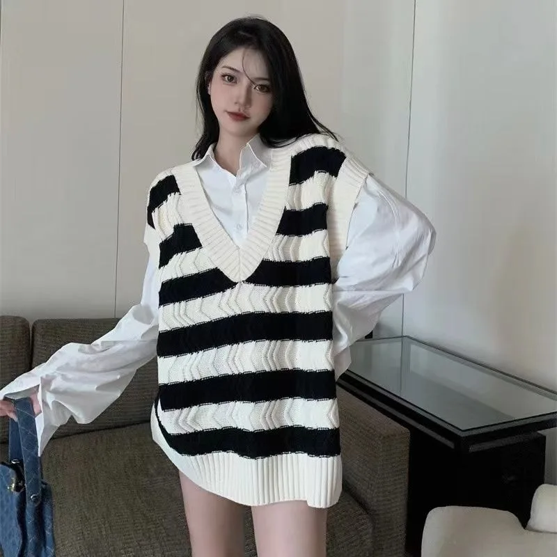 

Полосатый женский вязаный жилет, винтажная одежда Y2k, тренд 202, джемпер, роскошный жилет, новые эстетические топы, женский свитер с v-образным вырезом