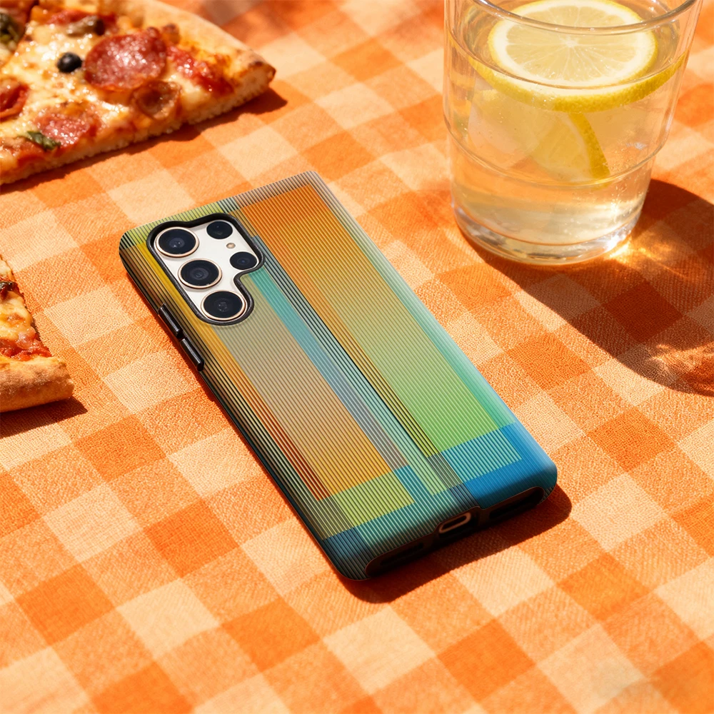 حافظة هاتف بخطوط متدرجة ملونة هندسية لهاتف سامسونج جالاكسي S25 Ultra S24 S23 Ultra Plus غطاء خلفي لامع بطبقة مزدوجة