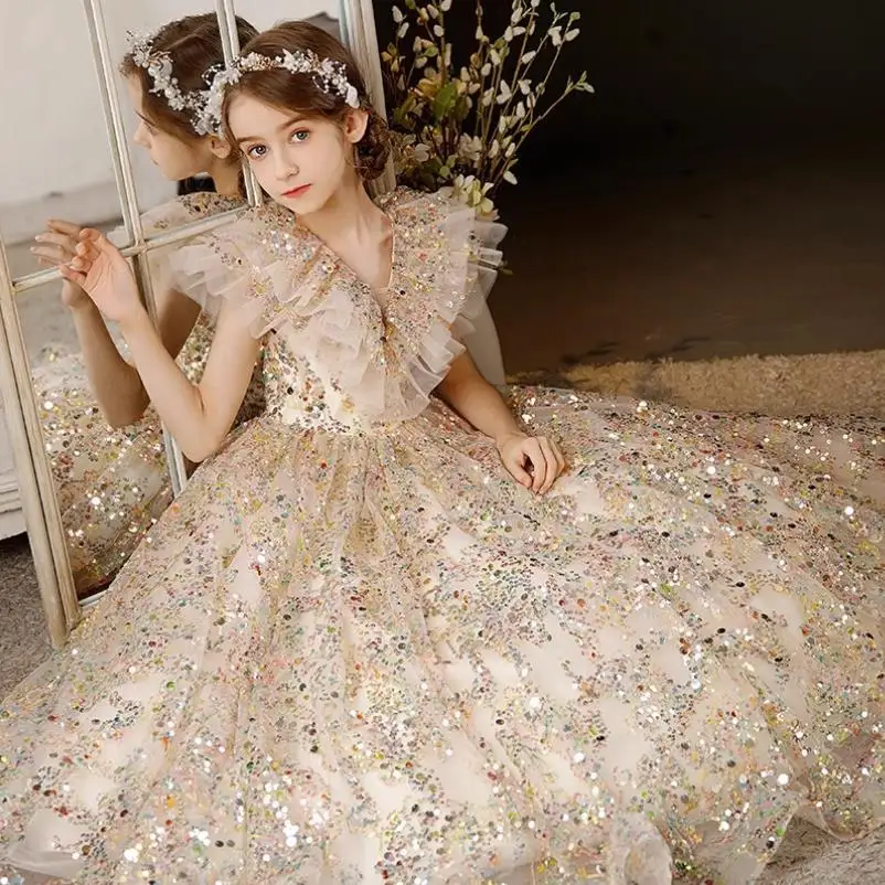 High-End Princess Dress For Girls Kids Sequined Long Frock Children Catwalk Formal Evening Gown Teenagers Pageant Vestidos A2782