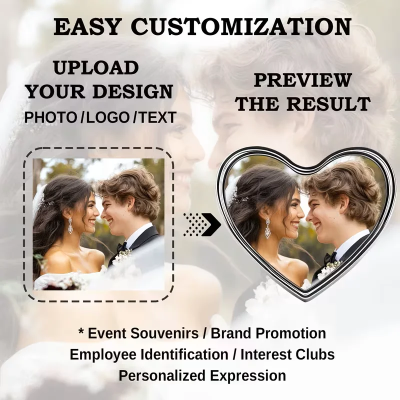 Custom Photo/Text/Logo Engraved Heartshaped Aluminium Alloy Brooch Personalised Gift, Suitable for Shirts, Jackets, and Backpack