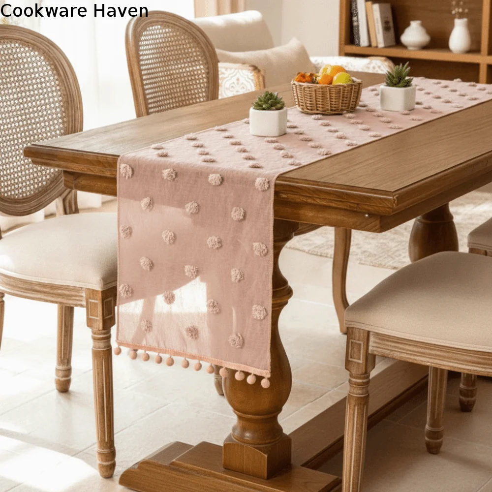 Fashion Nordic Style Lace Table Runner with 3D Pom-poms Rectangular Dining Table Cloth French-style Gauze Table Linen Party