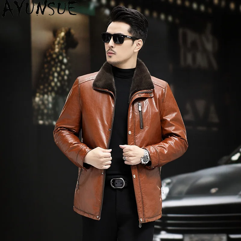 AYUNSUE Winter Genuine Leather Jacket Men Clothing Real Cowhide Mens Jacker Mink Fur Liner Leather Jacket  Abrigos De Cuero