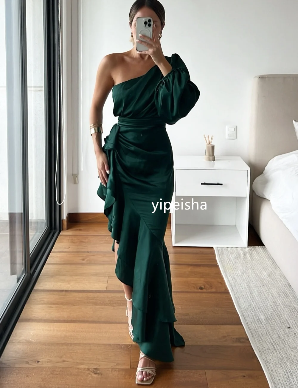 Customized High Quality Pleat Ruched Trumpet One-shoulder Long Dresses Cocktail Dresses Matching Intricate Formal Unisex Simple 