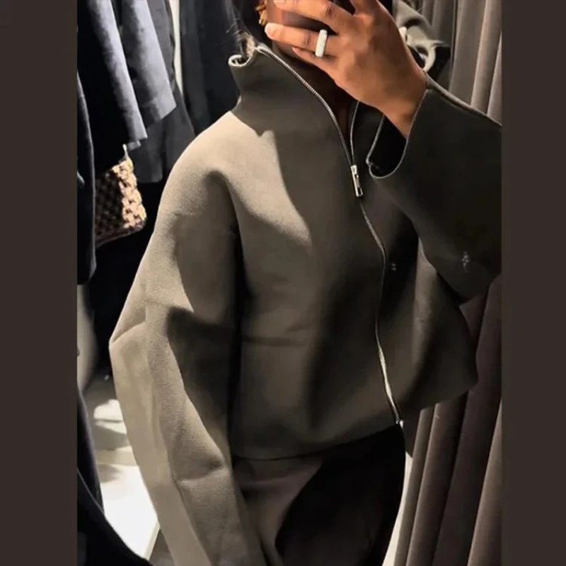 

2025 Autumn Winter Lady New in Outwear Vintage Stand Collar Women's Cropped Jacket Zipper Loose Full Sleeve Thick Warm Coat