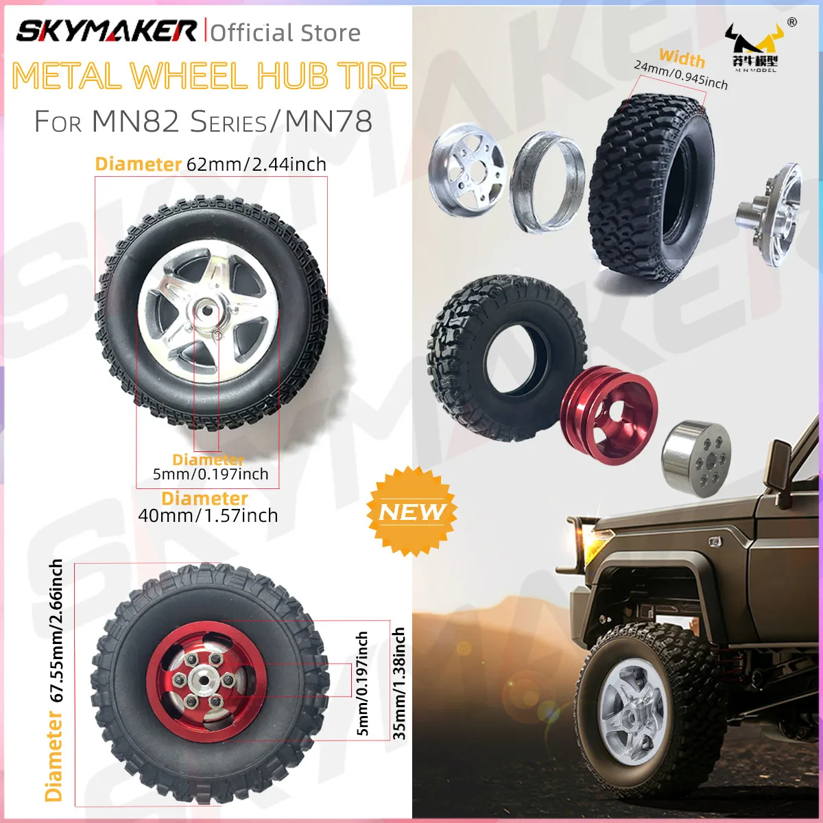 MN82S MN82Pro MN82 MN78 Metal Lock Wheel Mesh Wheel Hub and Tire Set 1/12 RC Car Upgrade Parts Accessories
