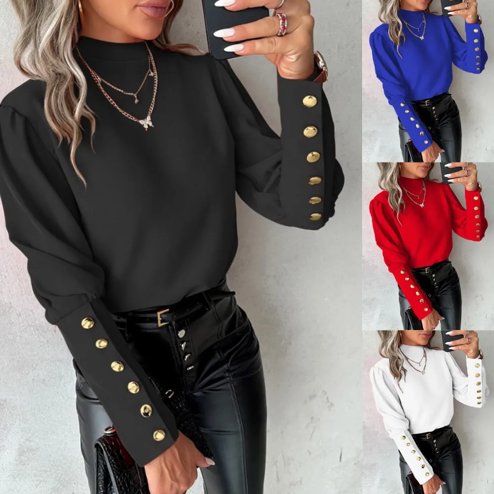 

Women's Spring New Arrival Casual Top Stylish Button-Front Patchwork Shirt Women's Round Neck Shirt for Outings and Commuting