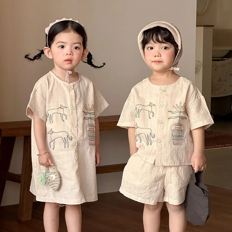 MILANCEL New Summer Kids Clothes Set Boys Outfit 1-9T Embroidered Flower Girls T-shirt +Short Cotton Thin Children Leisure Suit