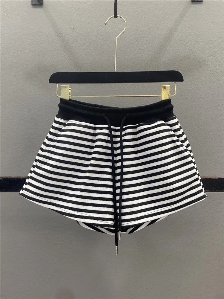 

Black White Striped Casual Sports Shorts Women's Summer Elastic Waist Drawstring Slimming Hot Pants A-Line Wide Leg Pants