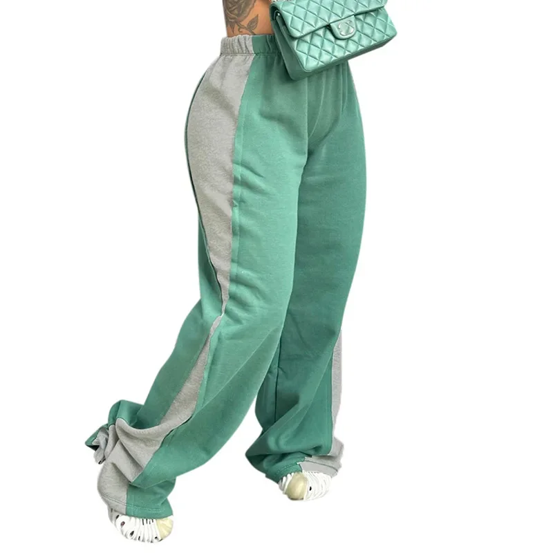 Patchwork Casual Fleece Sports Trousers Women Hipster High Waisted Wide Leg Pants Fall Winter 2024 Harajuku Streetwear