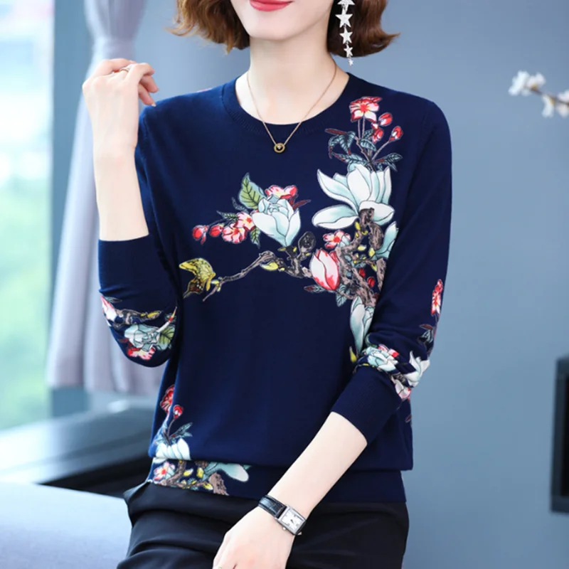 2025 autunno/inverno nuovo pullover a maniche lunghe colpo di colore stampa gru girocollo top lavorato a maglia maglione da donna